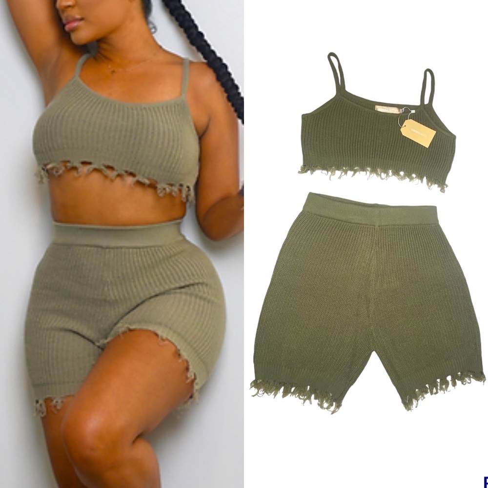 coco&beige IG boutique 2 piece Shorts Top Vacay knit fringe set Women sz XL